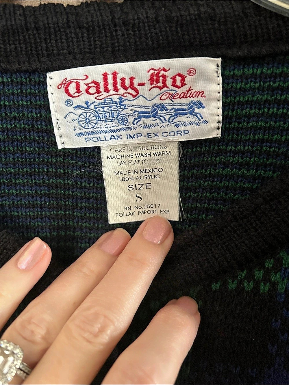 Tally-Ho Creation Sz S Blackwatch Tartan Plaid Cardigan in Green & Blue - Gold B - Picture 3 of 6